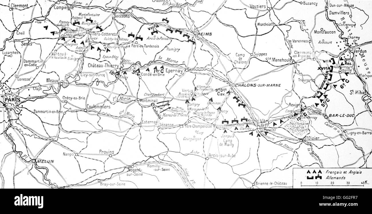 First World War. Map of the general position at the end of the day on 10th September 1914 at the time of the First Battle of the Marne. Stock Photo