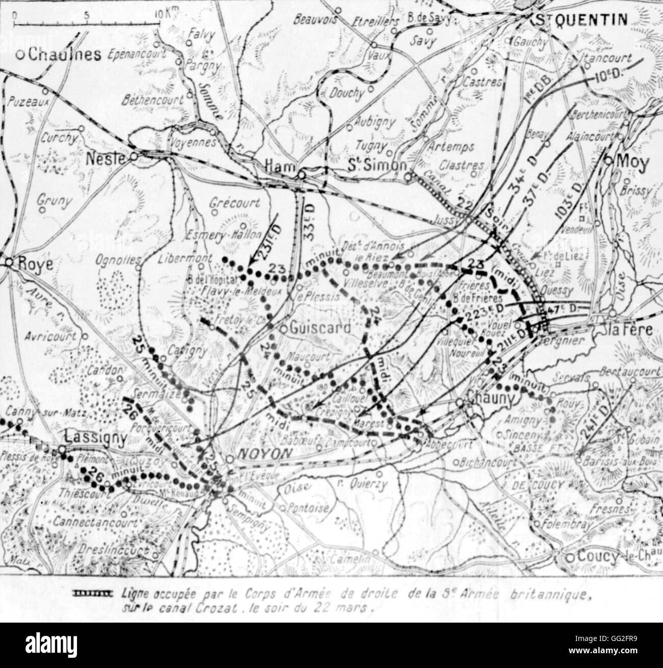 First World War. Map of the Battle of Oise. The advance of German divisions and the successful retreat of the French front on the right bank of the Oise from the 22nd to the 26th March 1917.  Line occupied by the Right Army corps of the 9th British Army o Stock Photo