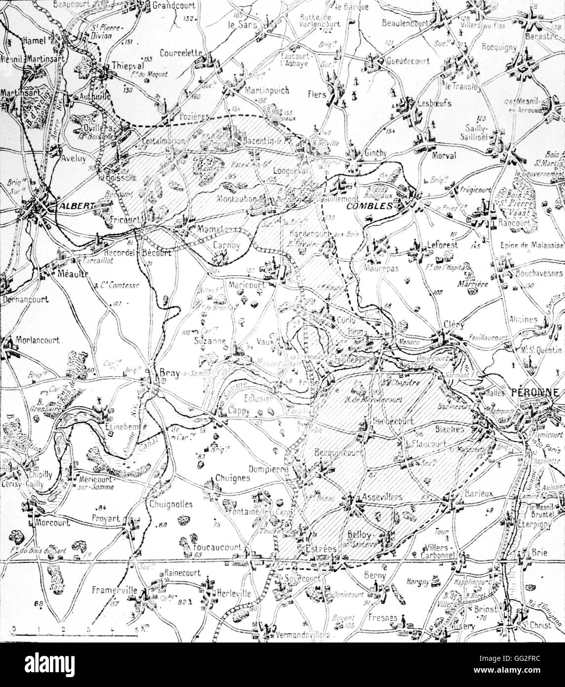 First World War. Sketch of the British-French offensive ground (North and South of the Somme)commenced on the 1st July at the Battle of the Somme. Stock Photo