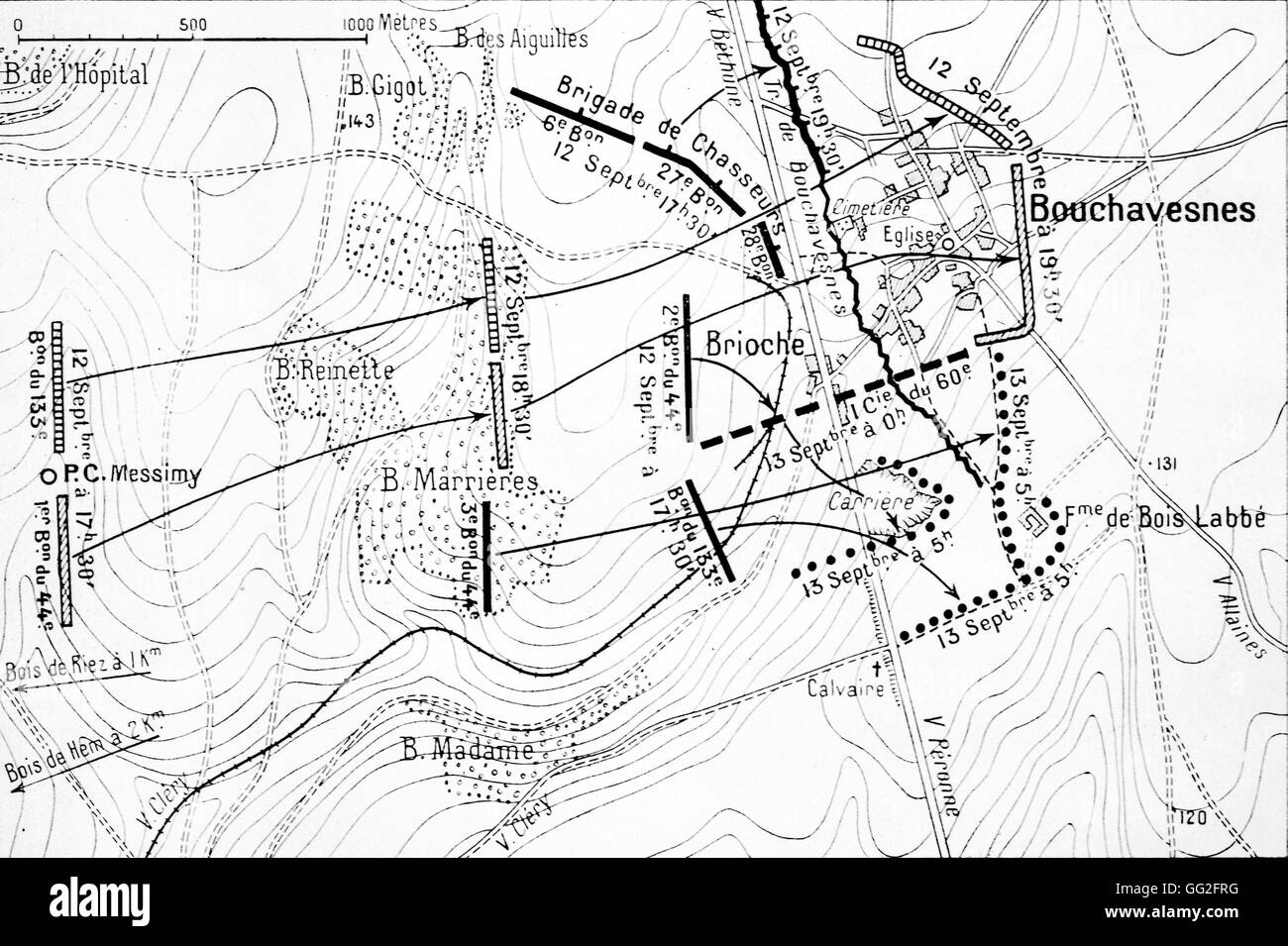 First World War. Sketch of the action of the 12th and 13th September with the advance of various units during the Battle of the Somme. Stock Photo