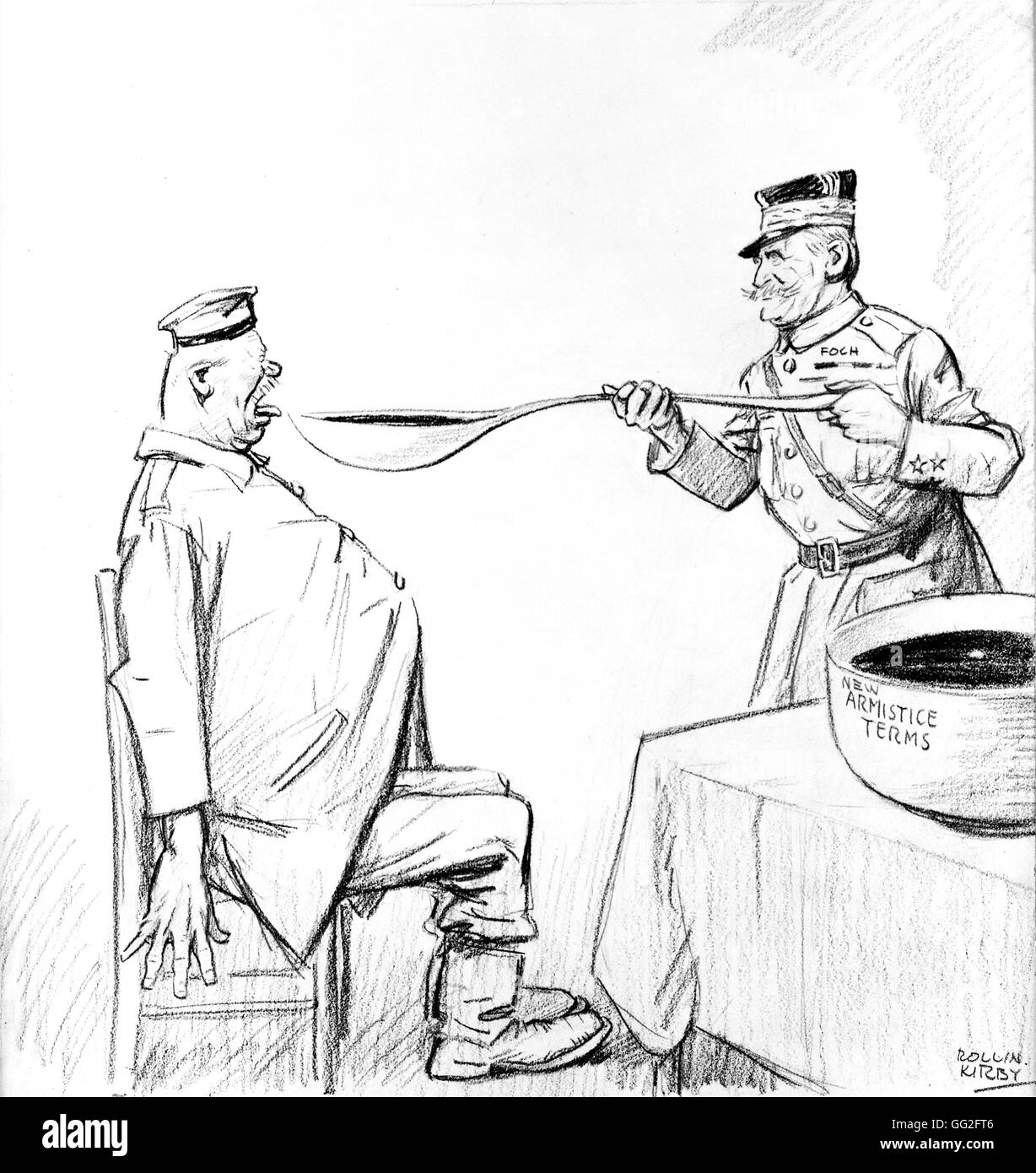 First World War. Caricature by Kirby: Foch and the Armistice Treaty imposed on Germany, 11th November 1918. Stock Photo