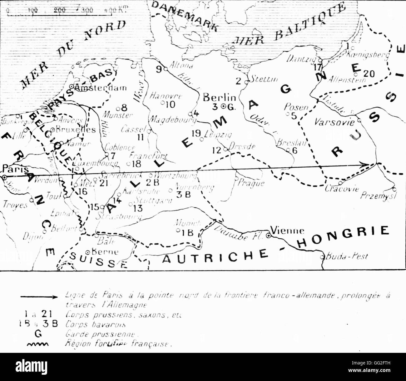 First World War. Line from Paris to the northern point of the Franco-German border extended across Germany. Stock Photo