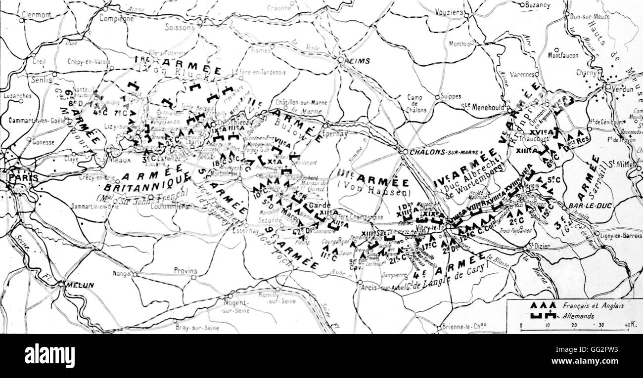 First World War. Map of the locations of the army on 9th September 1914, at the end of the day. Stock Photo