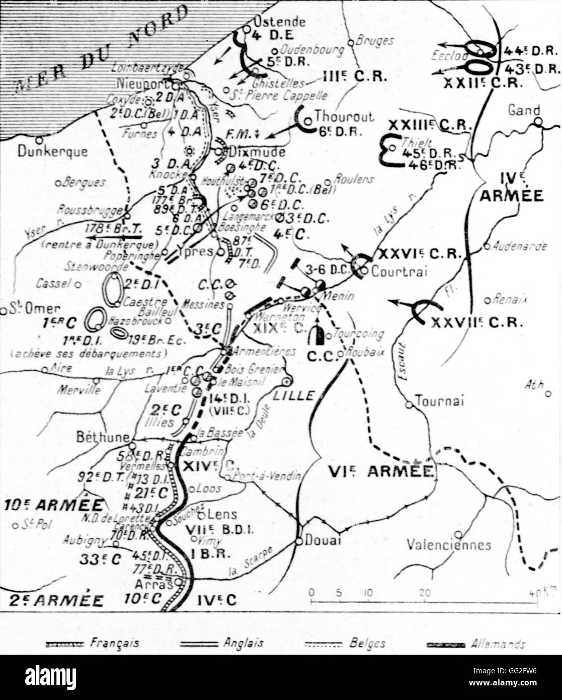 First World War.  Map of the locations of the army on 17th october 1914. End of the 'race to the sea' and the group formation of the Arlies in the North. (2nd Battalion: General de Castelnau; 10th Battalion: General de Maud'huy.) Stock Photo