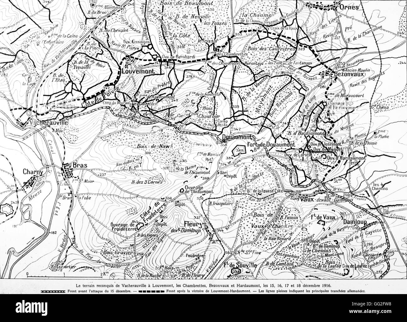 First World War. Map of the Battle of Verdun.  Reconquered territory from Vacherauville to Louvemont, les Chambrettes, Bezonvaux and Hardaumont, on the 15th, 16th, 17th and 18th December 1916. Stock Photo