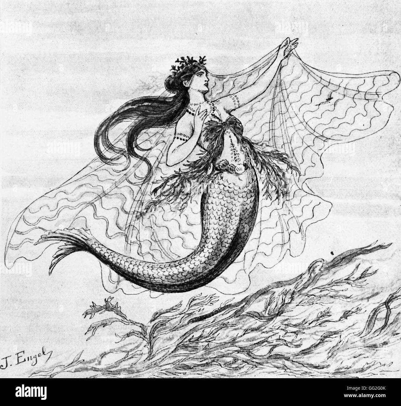 Premium AI Image  Ulysses sirens mermaids modern tale fluid liquid dress  cartoon illustration the singing siren greek mythology tale