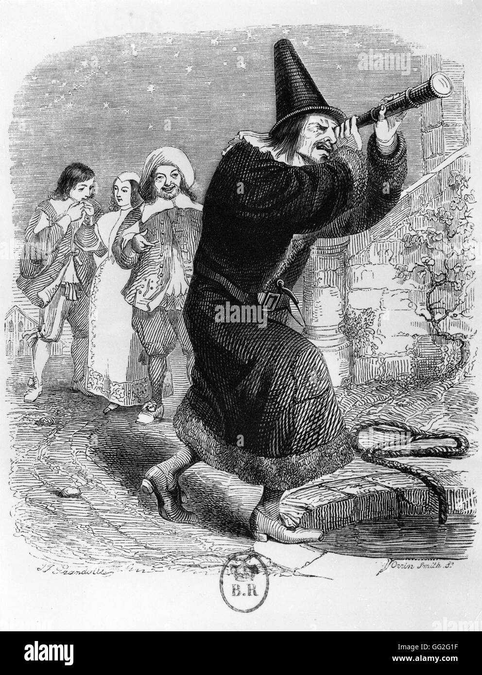 J.J. Grandville French school Illustration for the La Fontaine's Fables: The Astrologer who Fell into a Well 19th century Engraving Paris, Bibliothèque Nationale de France Stock Photo