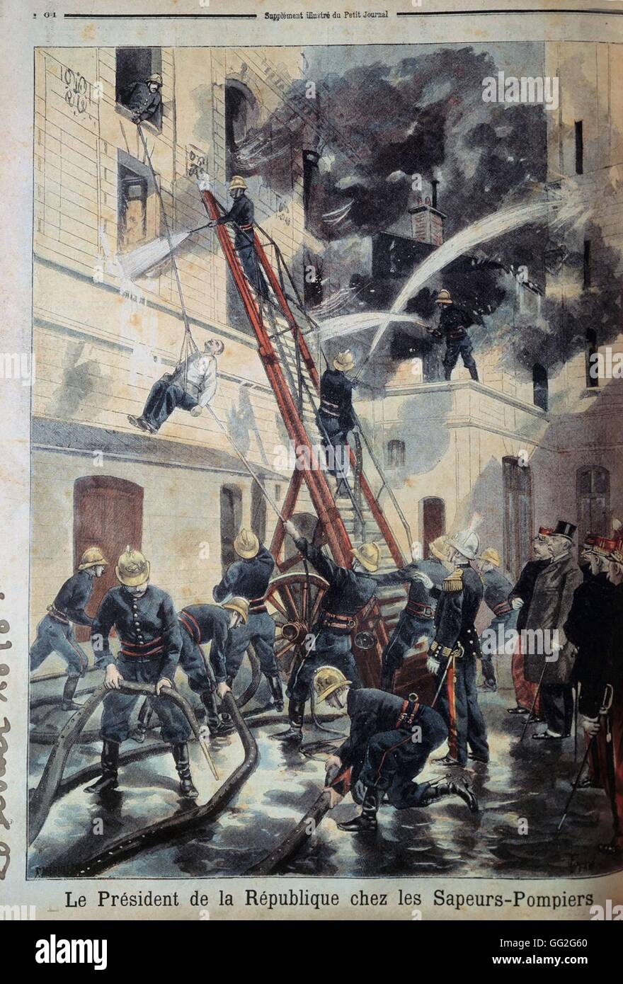The French President Felix Faure visiting firefighters in action in. 'Le Petit Journal' February 28, 1898. Stock Photo