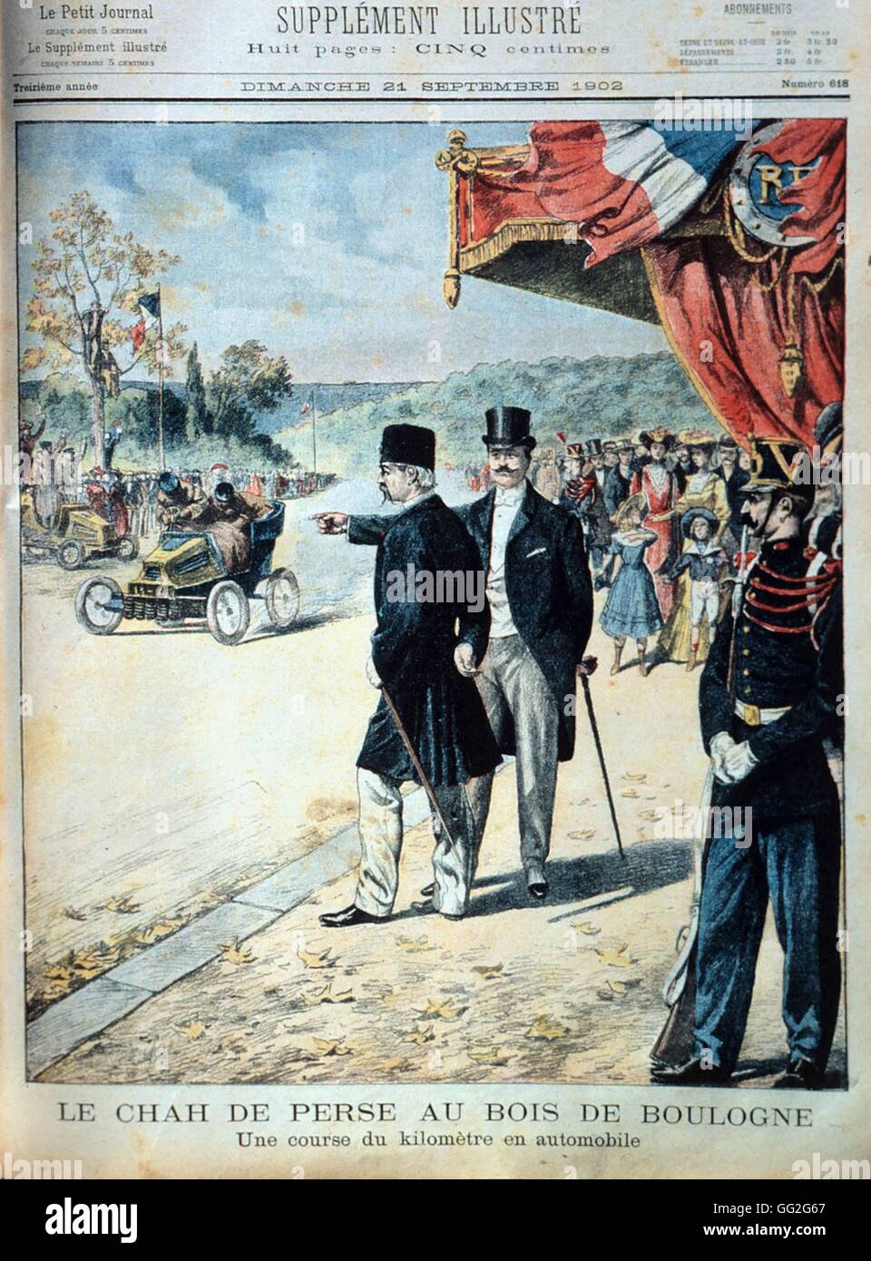 The Shah of Persia, Mozaffar ad-Din Shah Qajar, at the Bois de Boulogne, Paris, attending an automobile race in. 'Le Petit Journal' September 21, 1902. Stock Photo