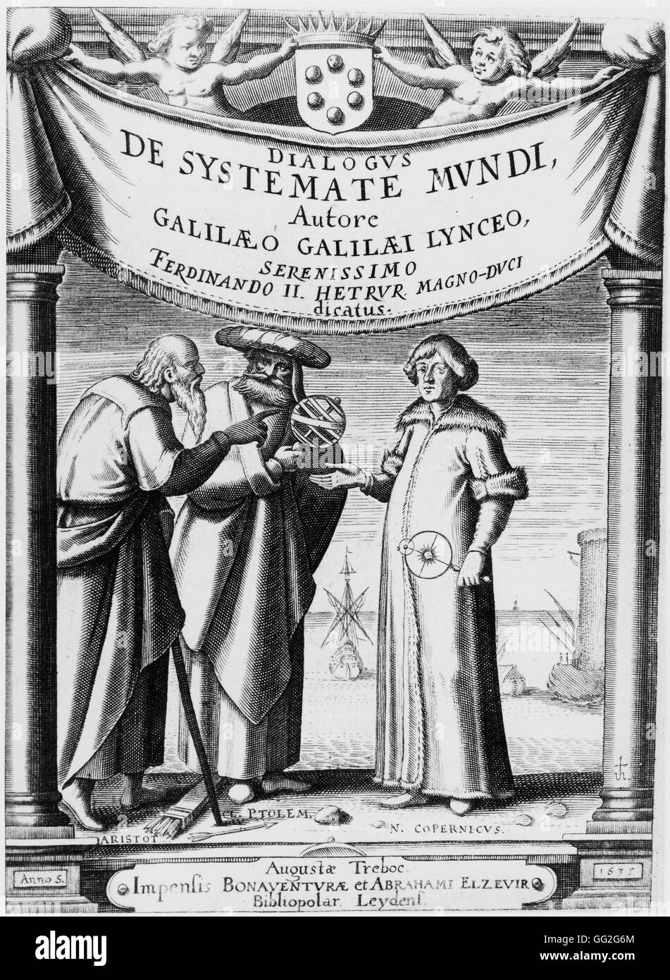 Frontipiece of 'Dialogue Concerning the Two Chief World Systems' (dialogo sopra i due massimi sistemi del mondo), written by Galileo in 1632. From left to right: Aristotle, Ptolemy and Copernicus. Engraving Paris, Bibliothèque de l'Observatoire Stock Photo