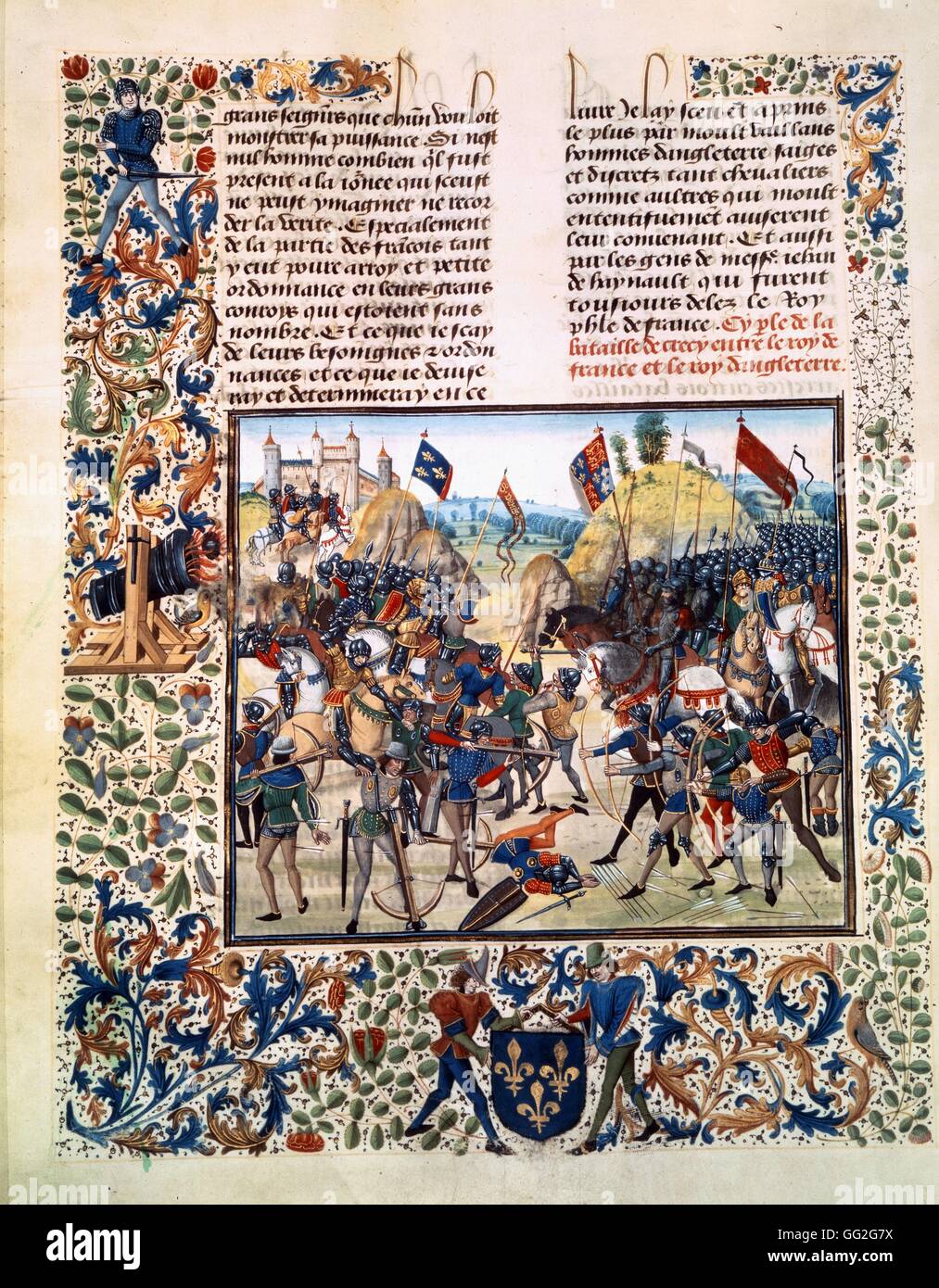 Miniature from Froissart's Chronicle: Battle of Crecy, 24 August 1346.  1470-1475 Manuscript written by Jean Froissart, folio 165v Paris, Bibliothèque Nationale de France Stock Photo