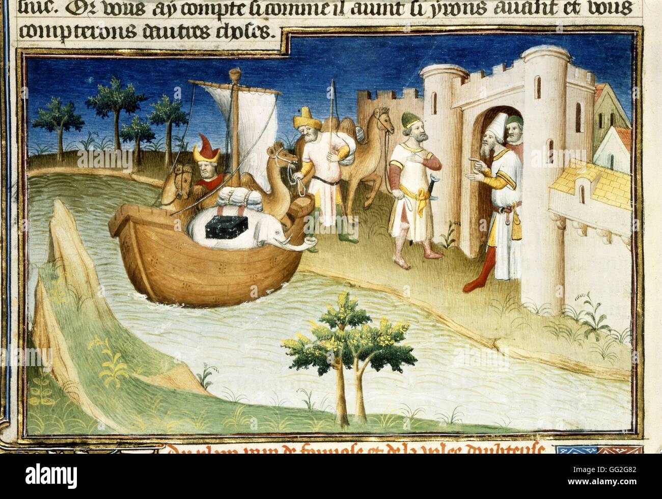 Mazarine Master French school The Travels of Marco Polo: Marco Polo arriving at Hormuz in the Persian Gulf 1410-1412 Miniature from the 'Livre des merveilles du monde', f.14v Painting on parchment Paris, Bibliothèque Nationale de France Stock Photo