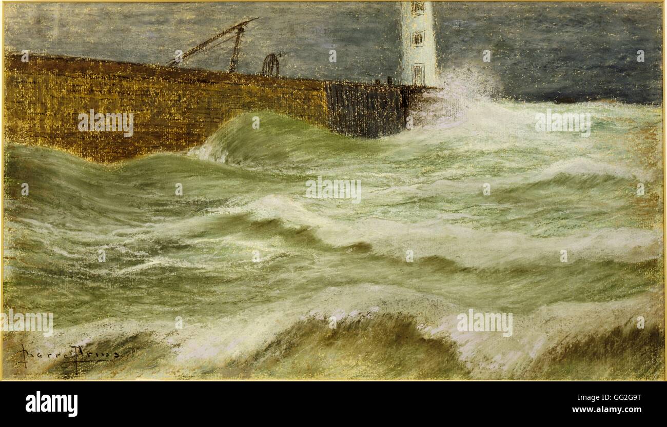 Pierre Ernest Prins French school Lighthouse in Heavy Weather Phare par gros temps 19th century Pastel (43 x 25 cm) Private collection Stock Photo