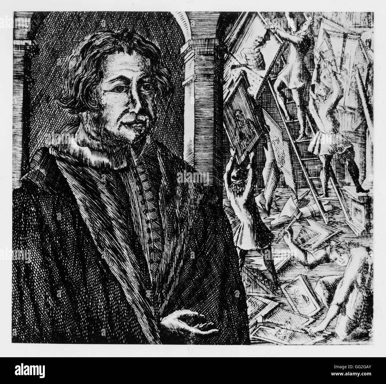 Andreas Rudolf Bodenstein Karlstadt (c.1480-1541) and the destruction of religious imagery (iconoclasm). Woocut. Stock Photo