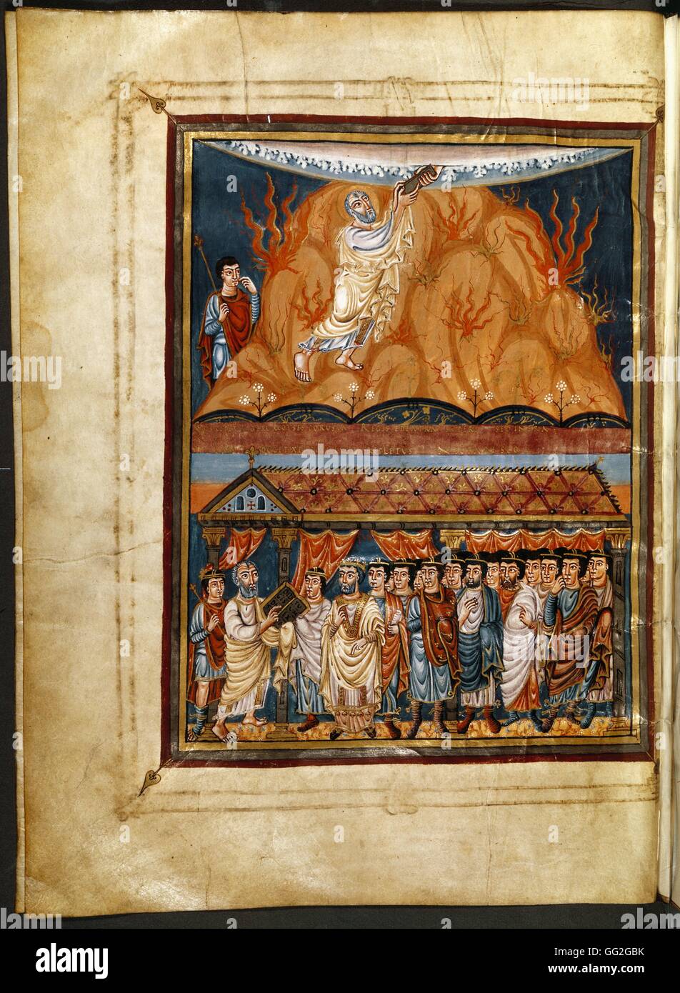 Upper part: Moses receiving the Tablets of the Law on Mount Sinai.  Down: Moses explaining the law to the Jews.  Illustration from the Bible of Charles the Bald 845-846 after J.C. Painting on parchment Paris, Bibliothèque Nationale de France Stock Photo