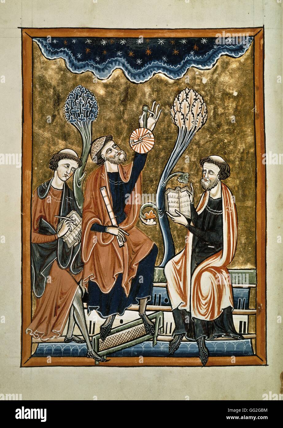 The Astronomer and the Computing clerk Astronomer raising an astrolabe to a starry sky between writing and computing clerks. From the Psalter of Saint Louis and Blanche of Castille. 13th century Illuminated manuscript on parchment Paris, Bibliothèque Nati Stock Photo