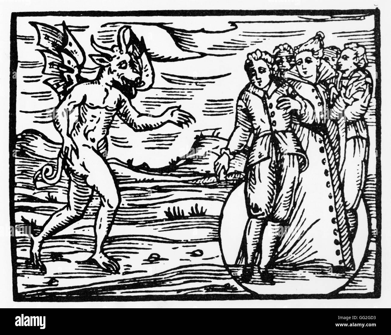 Francesco Maria Guazzo, known as Guaccius Italian school Baptism by the Devil 1608 Engraving on wood from 'Compendium Maleficarum' Stock Photo