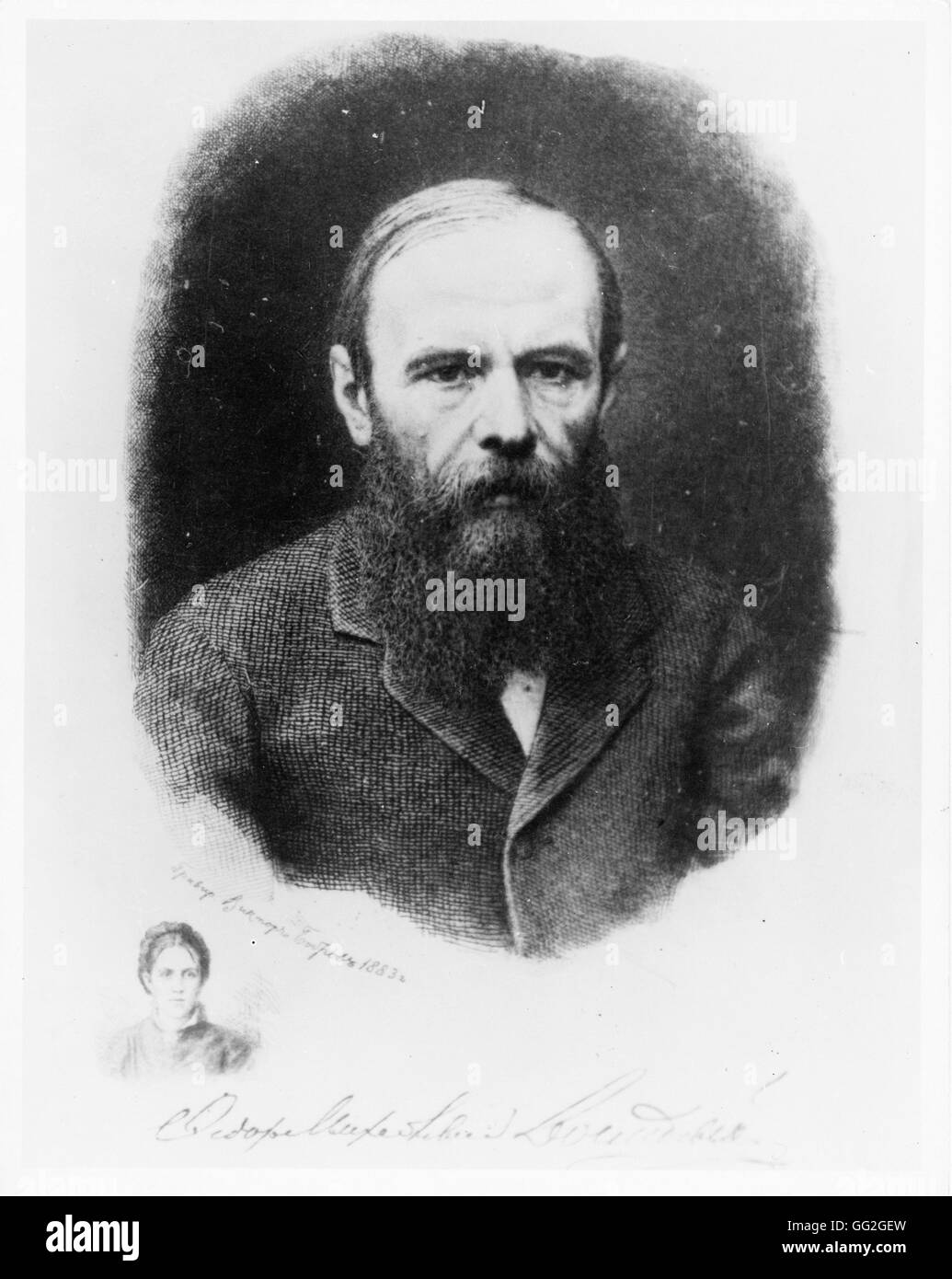 Portraits of Fyodor and Anna Dostoyevsky Engravings after photographs Stock Photo