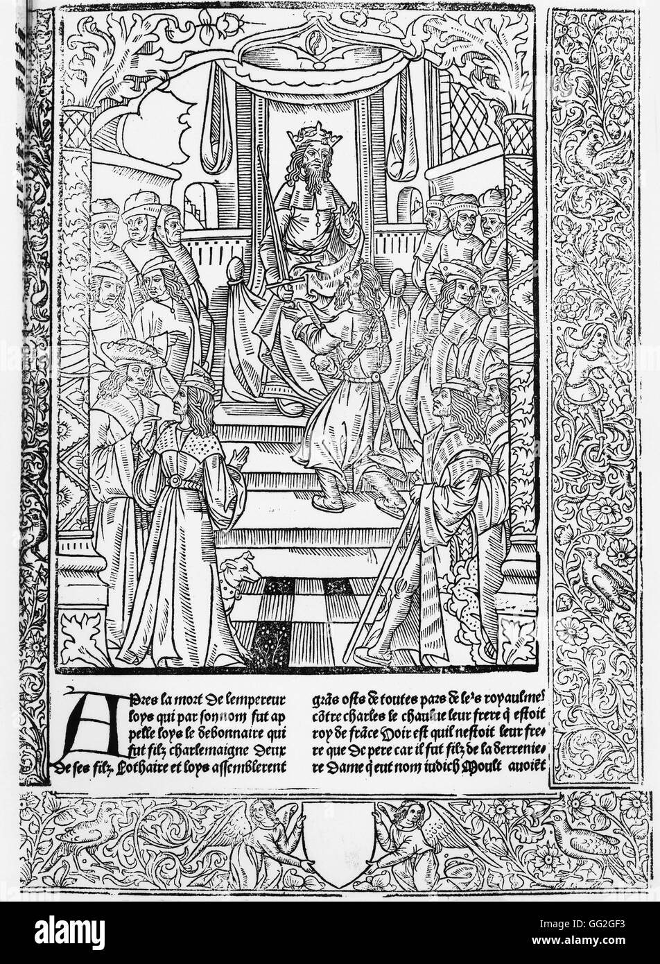 Great Chronicles of France Louis the Pious (also called Louis le Debonnaire), son of Charlemagne, succeeds to the throne in 814.  Woodcut from a 15th century edition of the Great Chronicles of France, published by Antoine Verard. Paris, Bibliothèque Natio Stock Photo