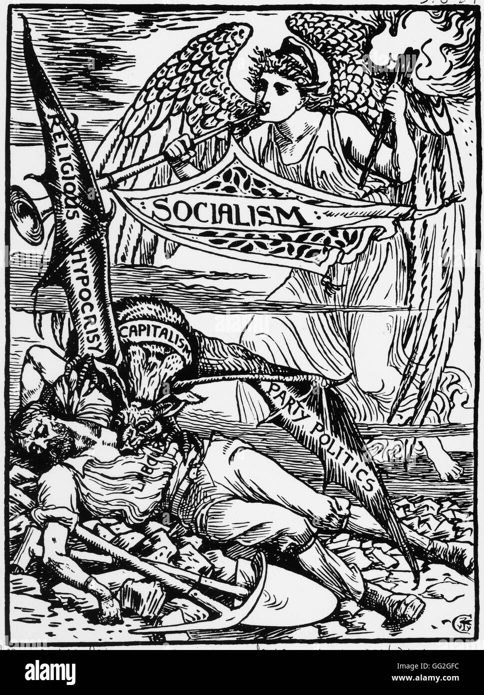 Walter Crane English school Cartoon in favor of socialism c.1880 Sketch Stock Photo