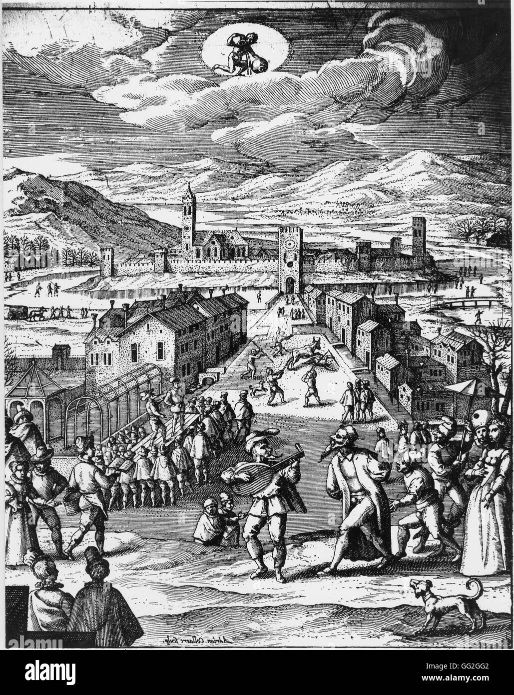Adriaen Collaert Flemish school Cityscape with italian commedia dell'arte scene in the foreground and street scenes in the background including another theatre performance and the chase after a loose bull. Engraving 16th century Engraving London, British Stock Photo