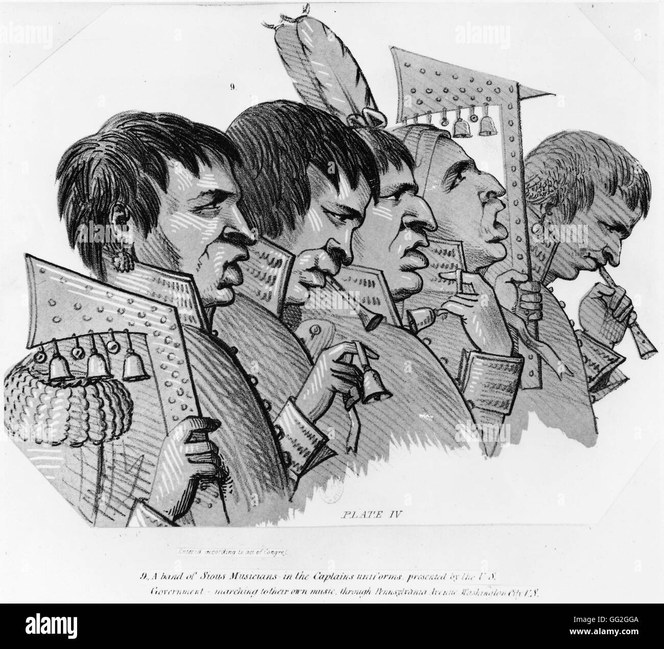 Sioux musicians, in captains' uniforms, playing their music, on Pennsylvania Avenue in Washington DC. Engraving. Beginning of 20th century Paris, Bibliothèque Nationale de France Stock Photo