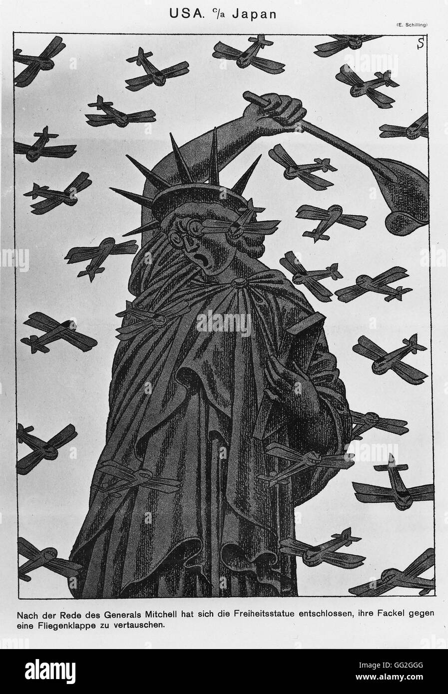 Cartoon depicting the Statue of Liberty swatting at a swarm of Japanese planes, based on the conjectures of General Mitchell. c.1924 Stock Photo