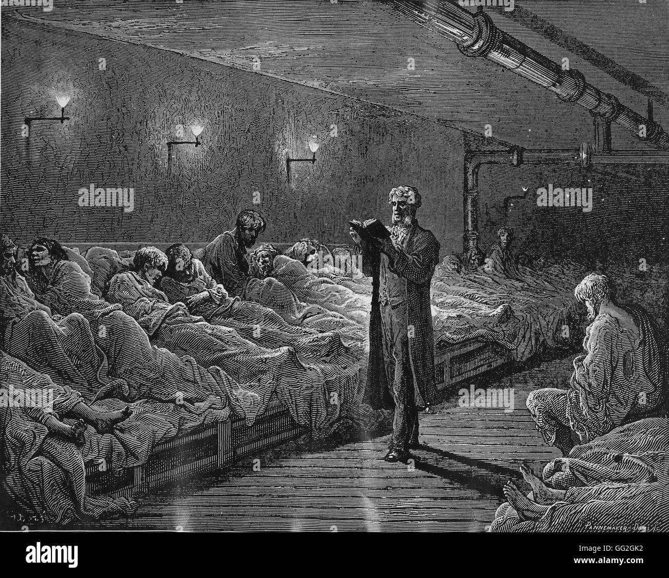 Gustave Doré French school Evening reading to the poor in a shelter. London 1872 Engraving Stock Photo