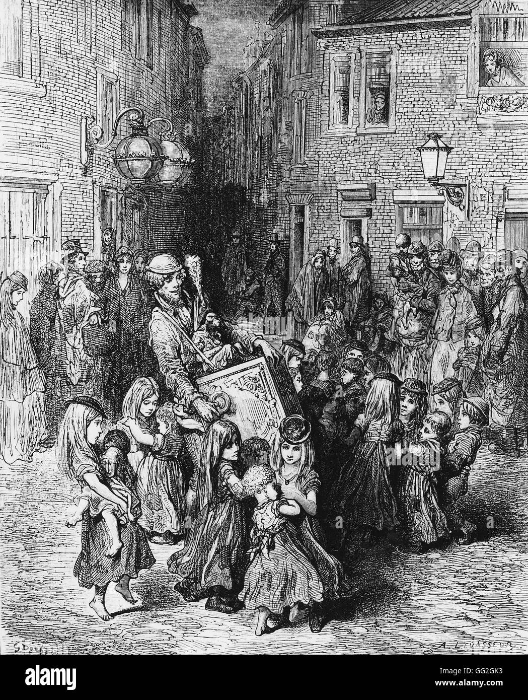 Gustave Doré French school Children and hurdy-gurdy player. Street scene in a poor neighborhood of London. 1872 Engraving Stock Photo