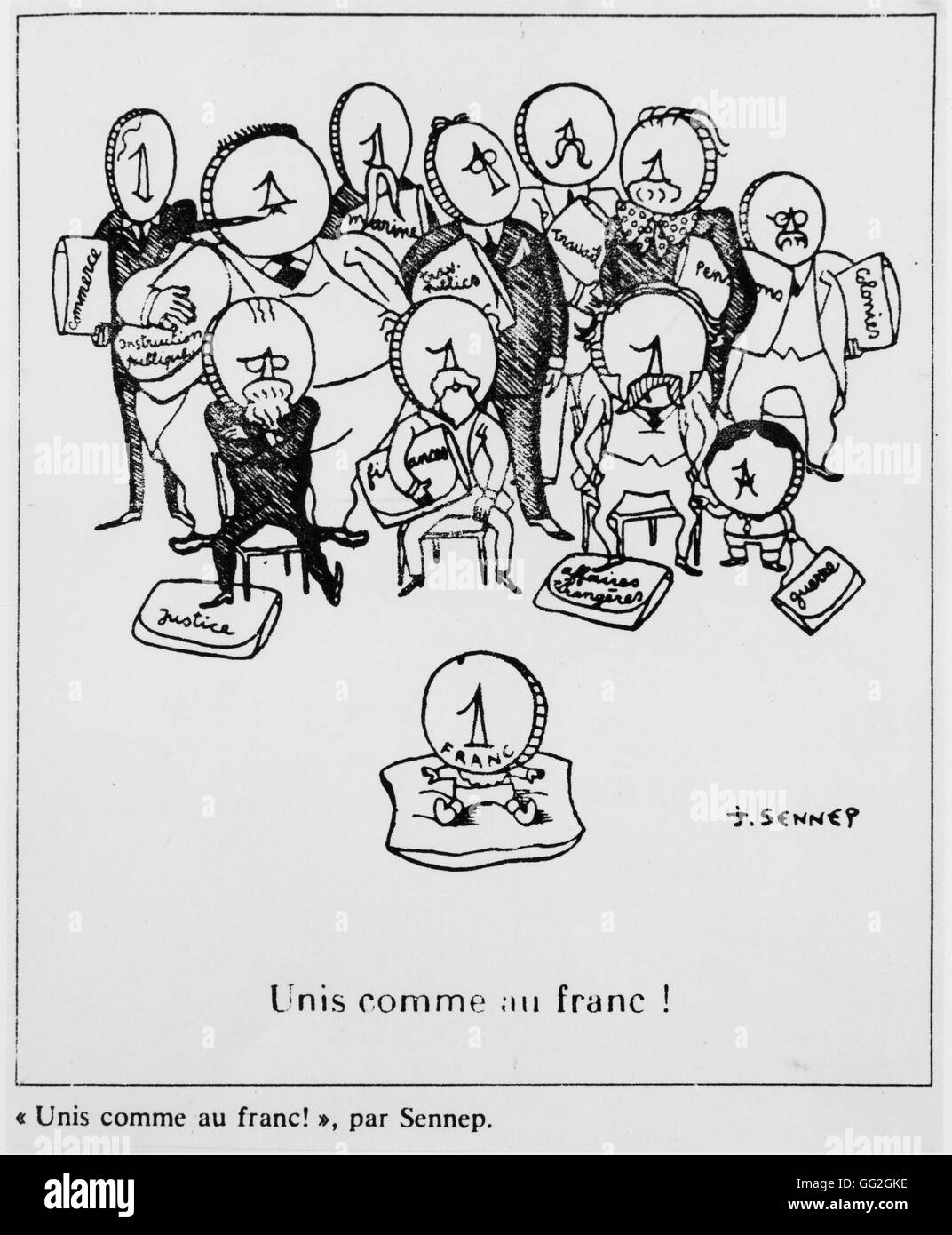 French caricature about the crisis of the Franc, July 1926. Stock Photo