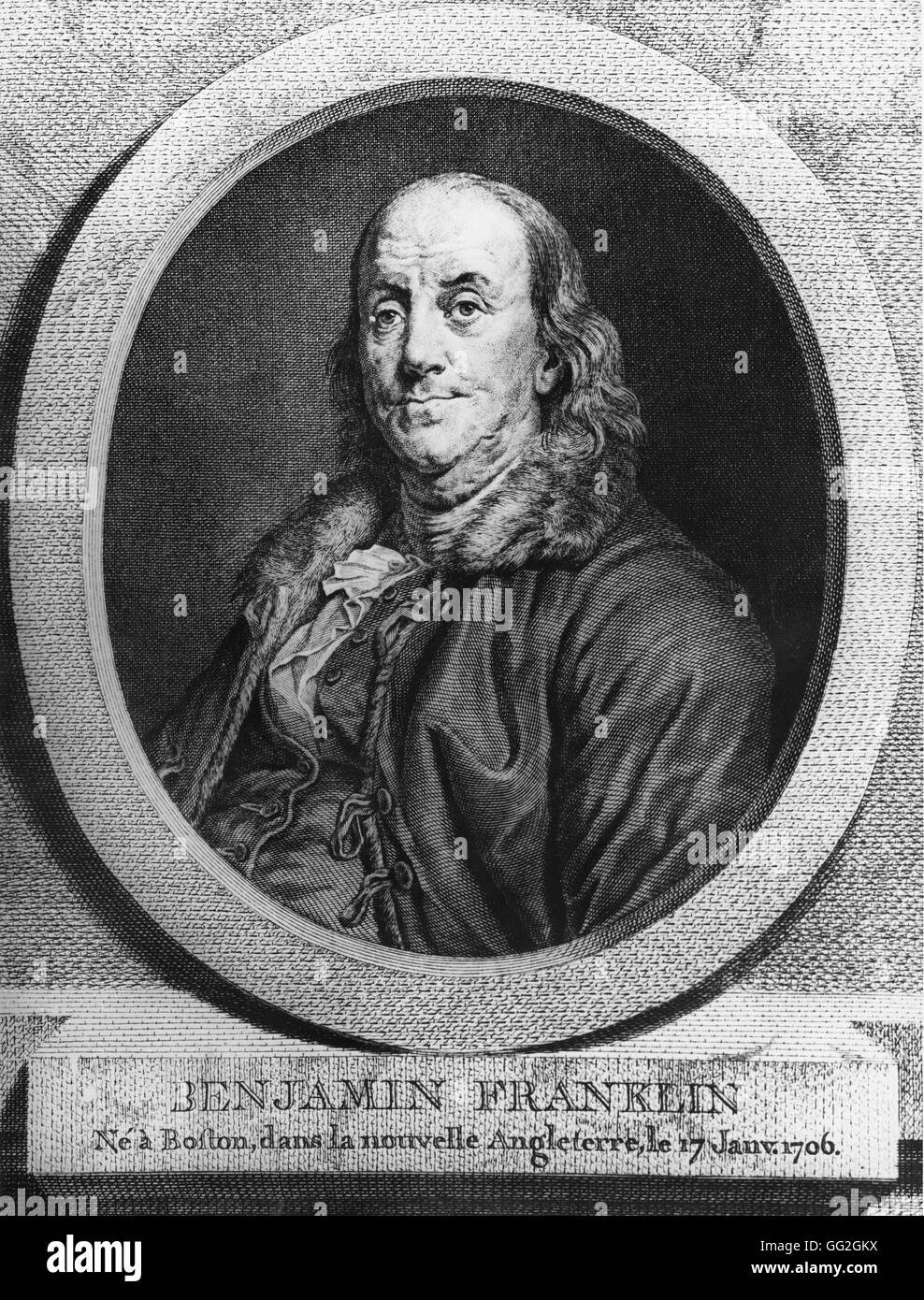 Justus Chevillet German school Portrait of Benjamin Franklin Engraving after the painting by Michel Honoré Bounieu (French) 1785 New York, The Metropolitan Museum of Art Stock Photo
