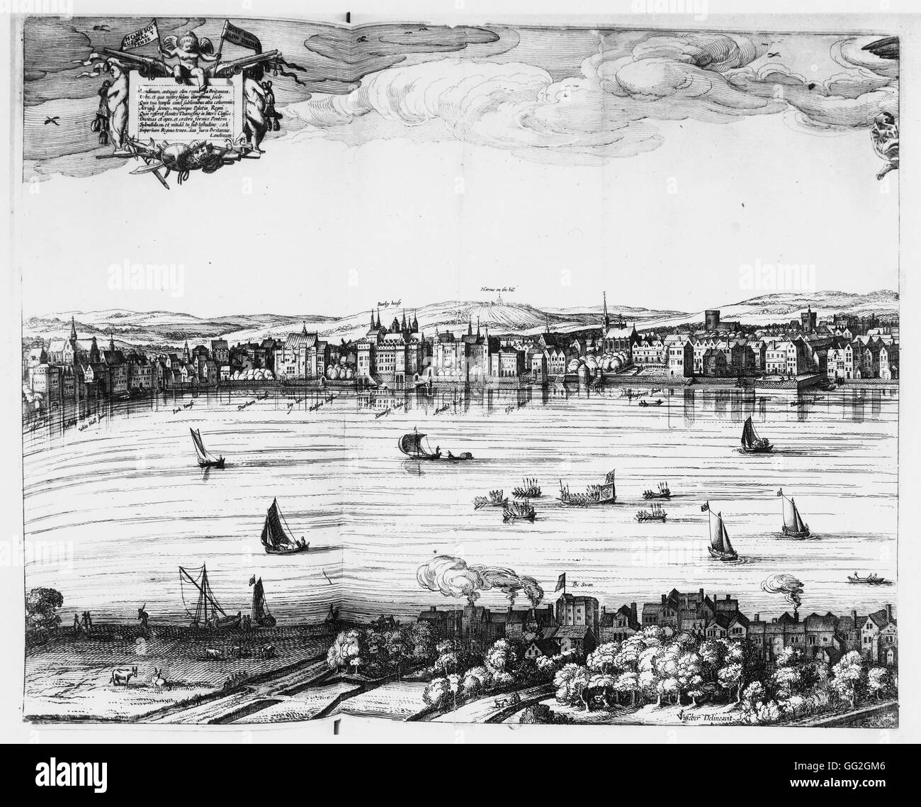 Claes Jansz Visscher Dutch school View of the Thames, the Somerset House and the Swan theatre on the opposite riverbank. Detail from Londinum Florentiss[i]ma Britanniae Urbs, 1616.  Engraving on paper. Paris, Bibliothèque Nationale de France Stock Photo