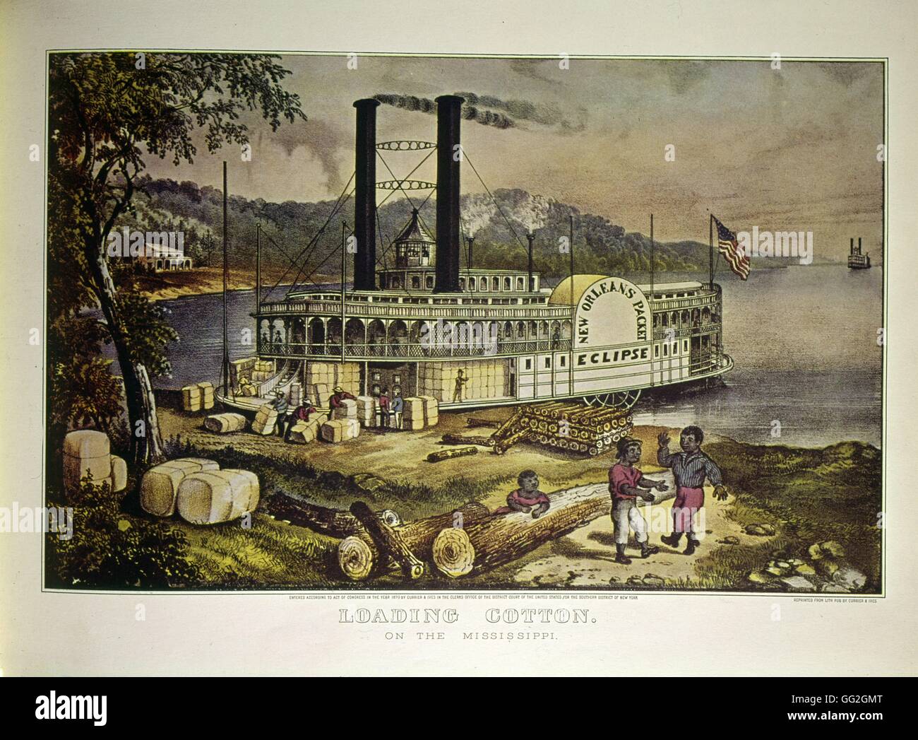 Workshop of Currier and Ives American school Loading cotton on the Mississippi 1870 Engraving Paris, Bibliothèque Nationale de France Stock Photo