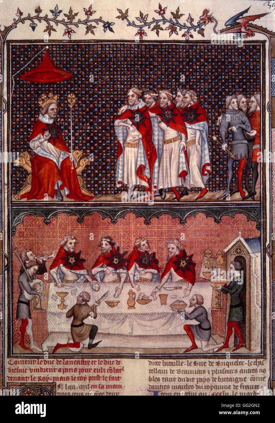Banquet given by Charles V of France for the Emperor Charles IV in the large palace hall in 1378 Anonymous illuminated manuscript Paris, Bibliothèque Nationale de France Stock Photo