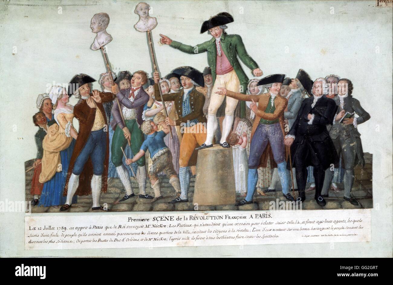Jean-Baptiste Lesueur French school First uprising of the French Revolution in Paris caused by the discharge of Minister Necker. 12 July 1789. The busts of Necker and the Duke of Orleans are being paraded on spikes. c.1789 Gouache on cardboard (36 x 53.5 Stock Photo