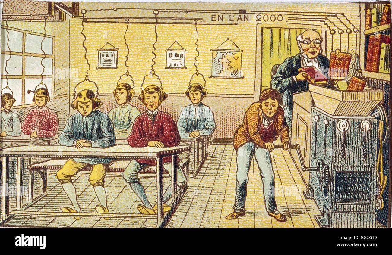 Futuristic representation of radio in school classes in the year 2000. 19th  century French engraving Stock Photo - Alamy