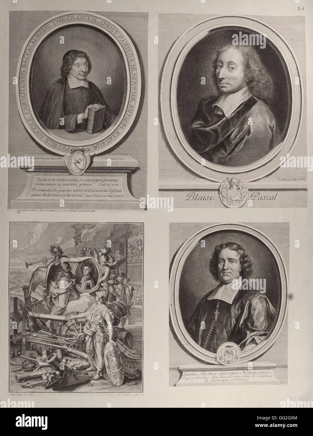 Top left: Pierre Nicole (1625-1695), French theologist and controversist.  Top right: Blaise Pascal, (1623-1662), mathematician , philosopher, physicist, French theologist. Bottom left: Louis Auguste de Bourbon, (1670-1736), son of Louis XiV and the Marqu Stock Photo