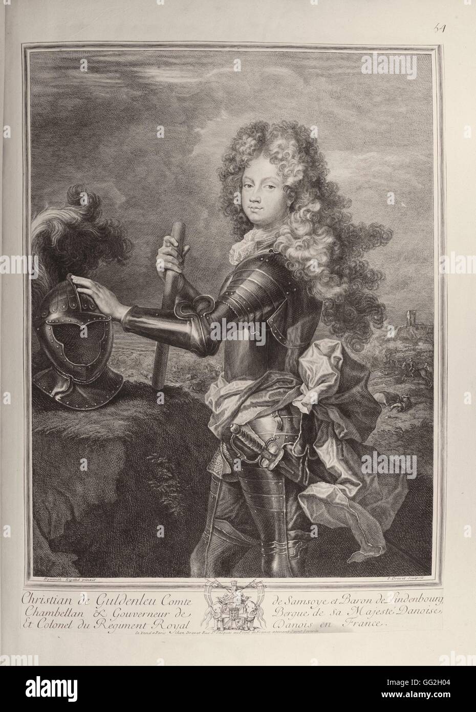 Pierre Drevet, (after) Hyacinthe Rigaud French school Christian de Guldenleu, Count of Samsoye and Baron of Lindenbourg, Chamberlain and governor of Bergue de sa Majesté Danoise, Colonel of the Royal Danish Regiment in France  Engraving Stock Photo