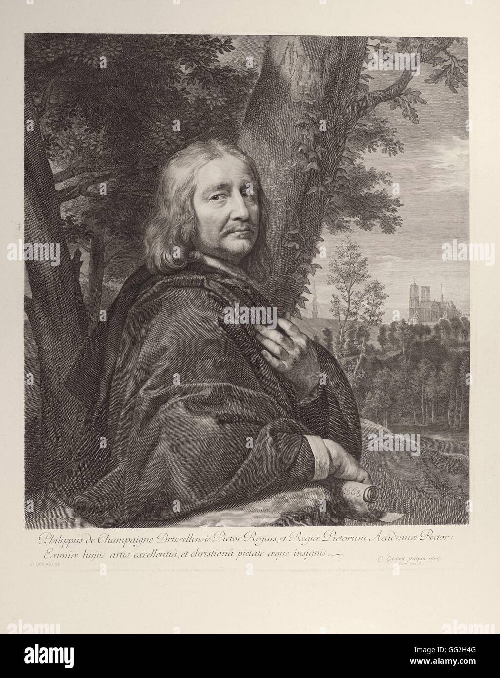 Gérard Edelinck, after the self portrait of Philippe de Champaigne French school Philippe de Champaigne, (1602-1674), Classical French painter  Engraving 1676 Stock Photo