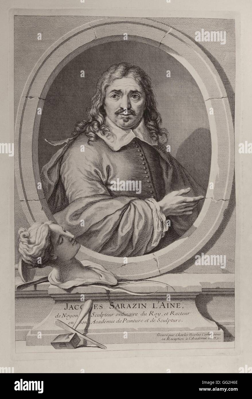 Charles-Nicolas Cochin fils (the younger) French school Jacques Sarazin l'Aîné, (1592-1660), French sculptor Engraving 1731 Stock Photo