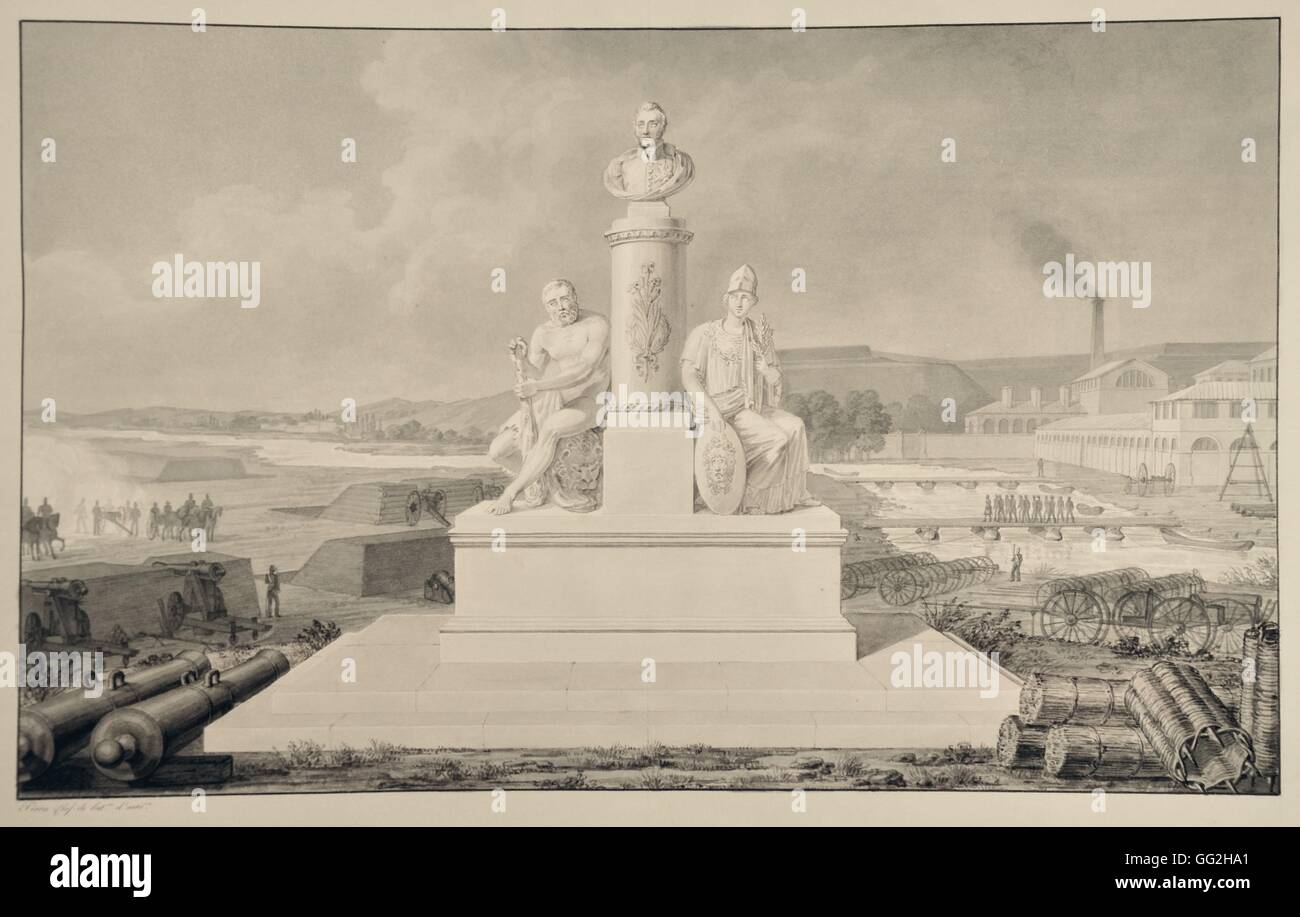 Frontispiece of a French armistice treaty in the 19th century, probably representing the chest of Jean Adrien Piron, head of the artillery battalion, surrounded by figures of Minerva and Hercules. In: 'Drawing of new carriages, cars and paraphernalia of t Stock Photo