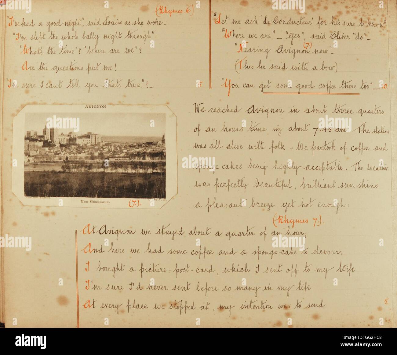 Travel diaries 72 handwritten pages in English with photographs, postcards, cards, tickets and notes about the journey of an English family in Monaco from March 20 to April 5, 1912. Stock Photo