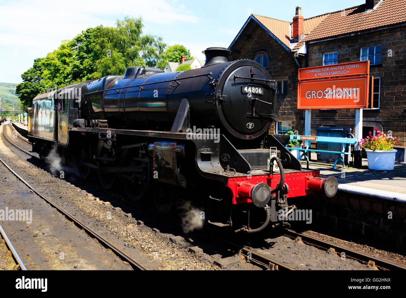 Black 5, 4-6-0, Number 44806 steam engine of the NYMR at Grosmont station. Stock Photo