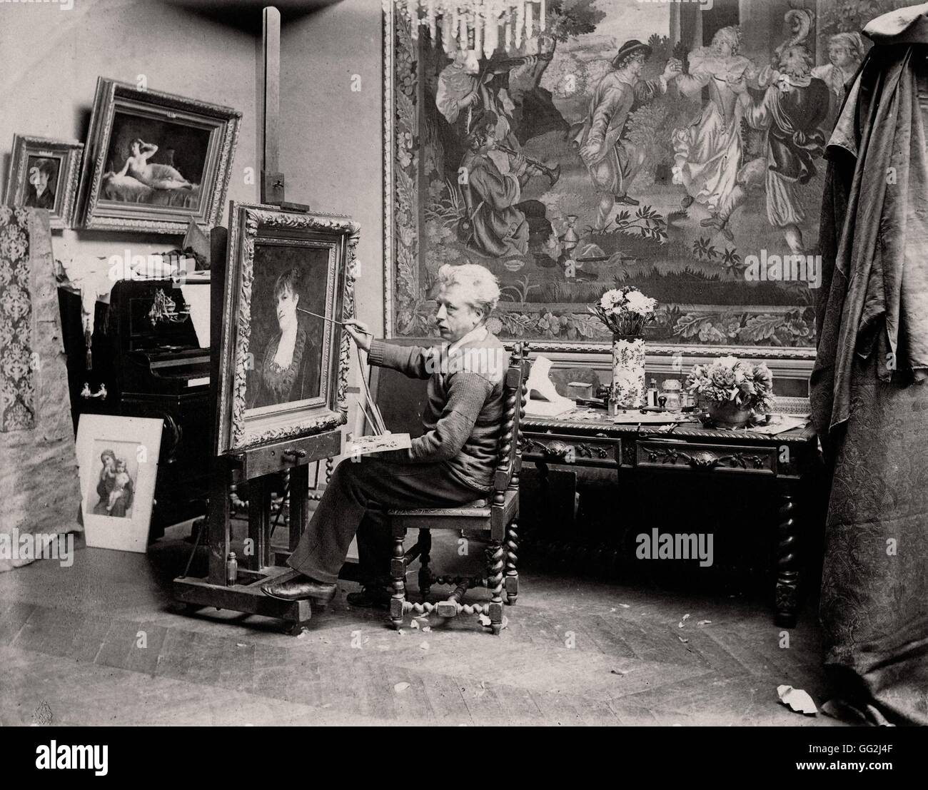 French painter Auguste Laguillermie in his Paris studio, c.1885. Albumen print Stock Photo