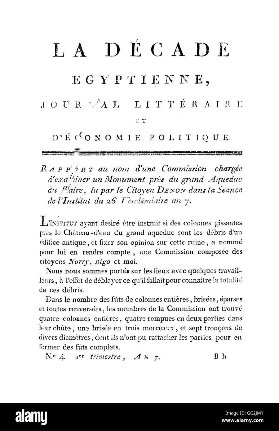 La Décade Egyptienne. Literary Journal about economic policy. N°4.  Le Caire, Imprimerie Nationale, premier trimestre An VII (1798-1799). Stock Photo