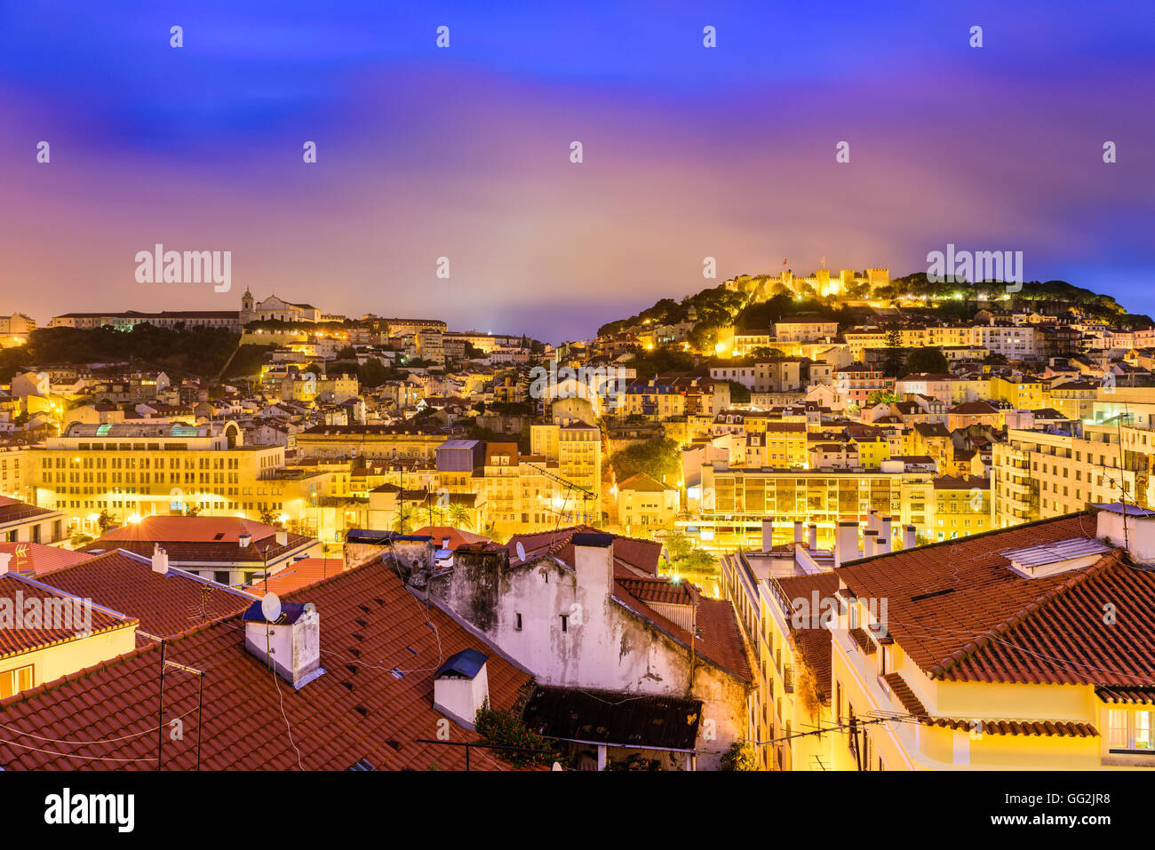 Lisbon, Portugal skyline at night. Stock Photo