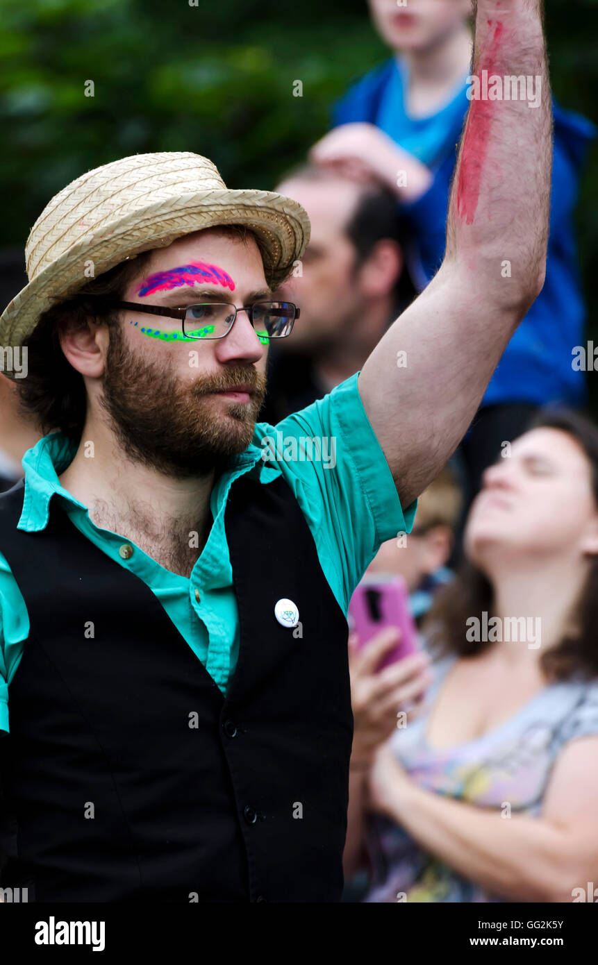 Male member of the Beltane Fire Society taking part in the Carnival Parade, part of the Edinburgh Jazz Festival. Stock Photo