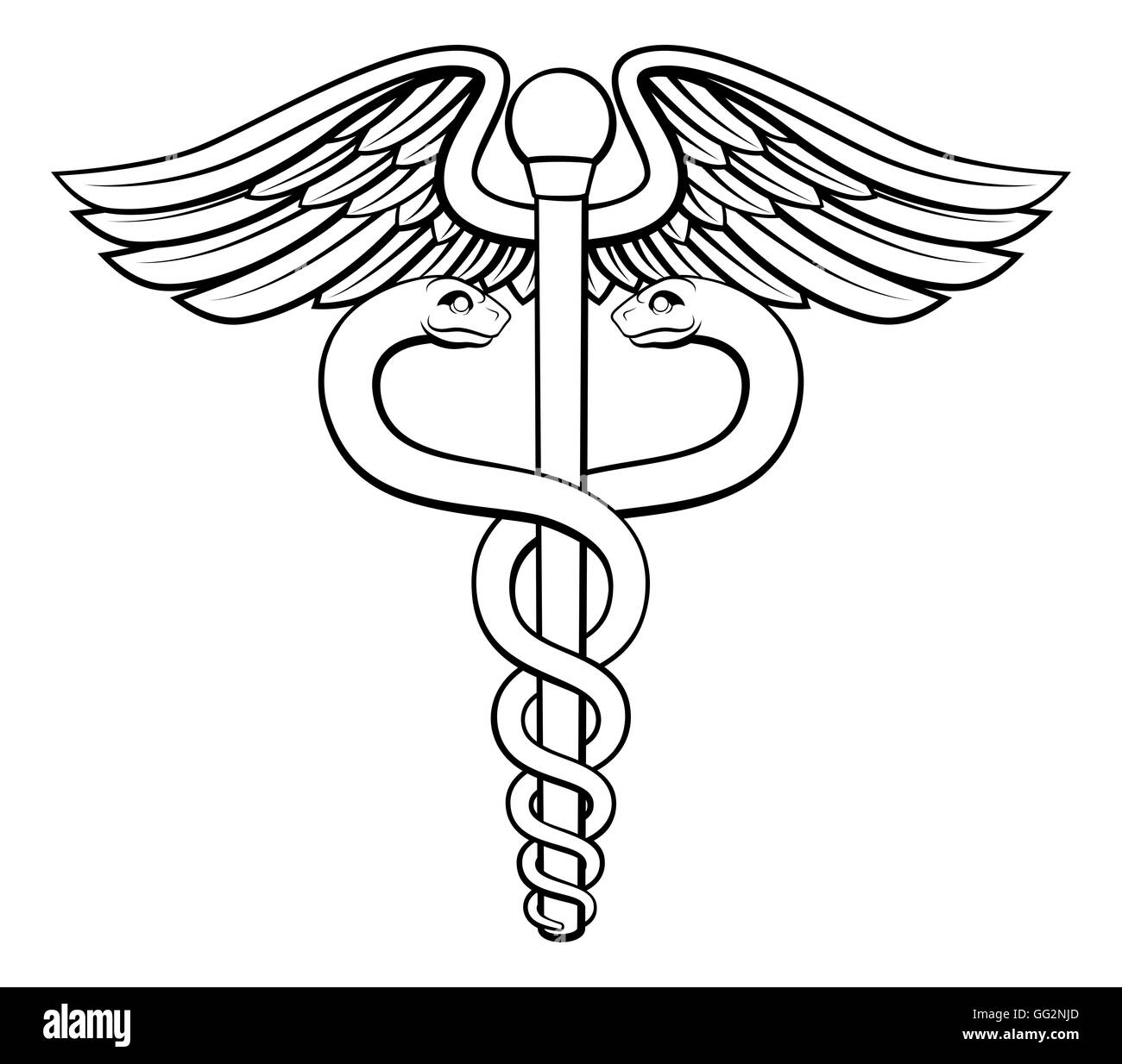 An illustration of the caduceus symbol of two snakes intertwined around a winged rod. Associated with healing and medicine. Stock Photo