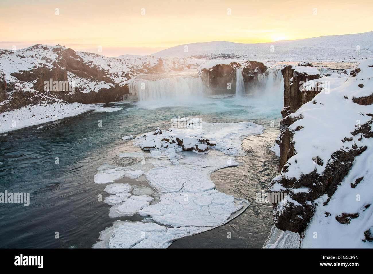 Godafoss waterfall during Winter at sunset. Iceland Stock Photo