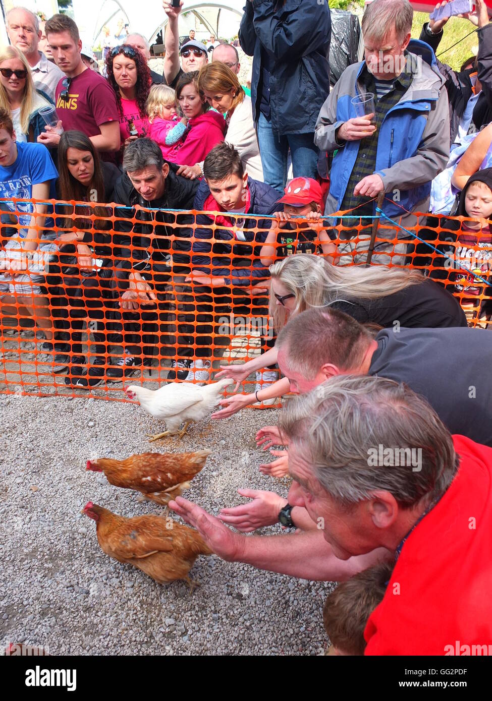 Competitors release their hens at the World Championship Hen Racing, held annually at the Barley Mow pub, Bonsall, Derbyshire. Stock Photo